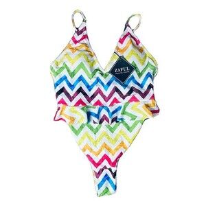 New Rainbow Zaful  Swimsuit Women's Size 8 One Piece Chevron Ruffle Beach Pool